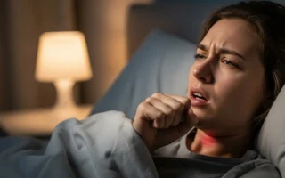 Persona en cama con expresión de molestia por tos seca nocturna