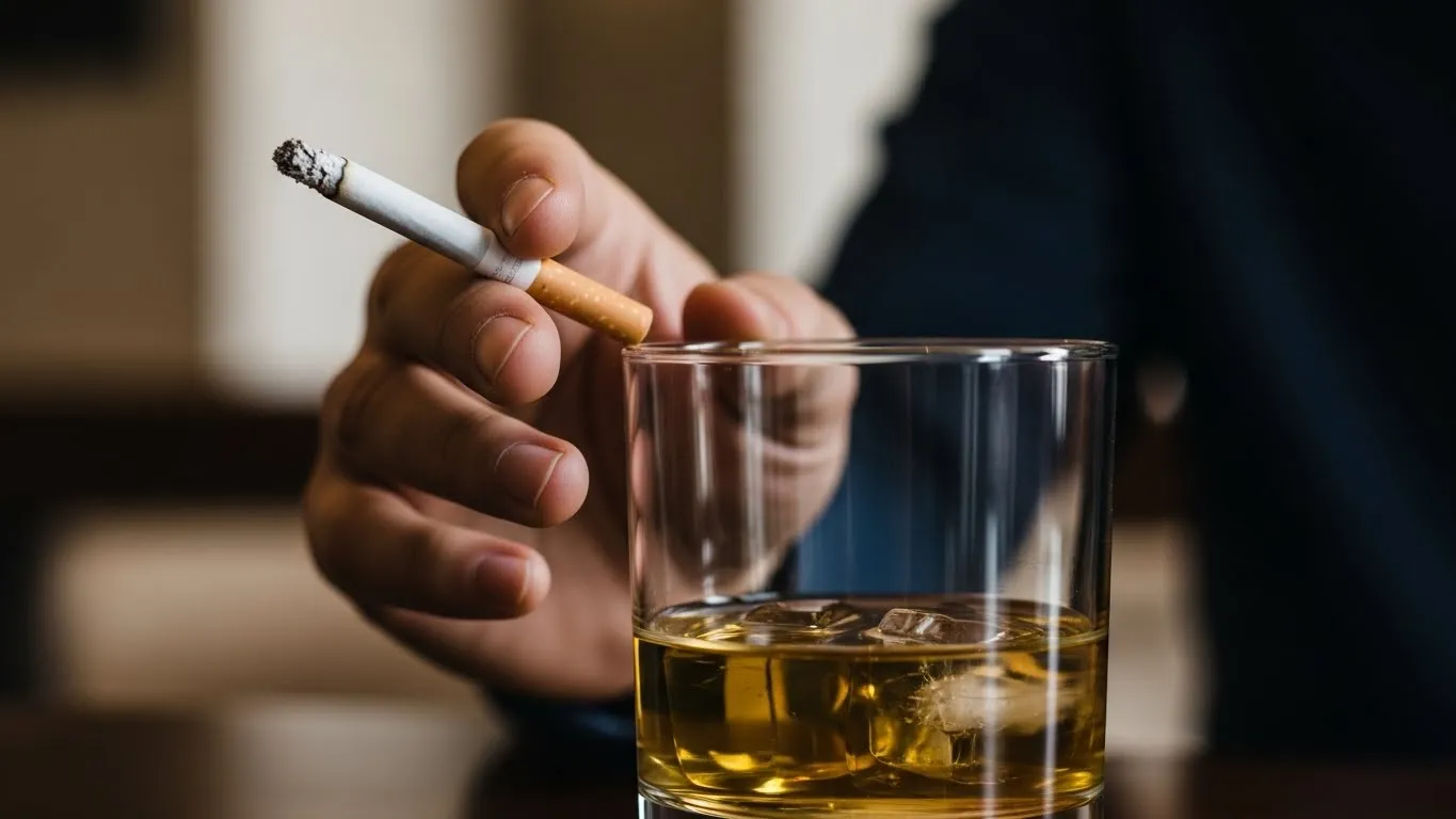 Persona sosteniendo un cigarro apagado y un vaso con bebida