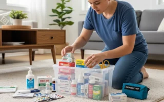Persona organizando medicamentos y suministros médicos esenciales en casa para emergencias menores.