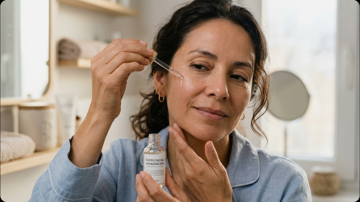 Aplicación de serum antimanchas en rostro de mujer mexicana