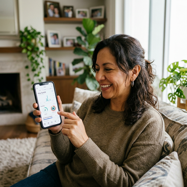 Mujer mexicana gestionando sus medicamentos a domicilio de forma digital
