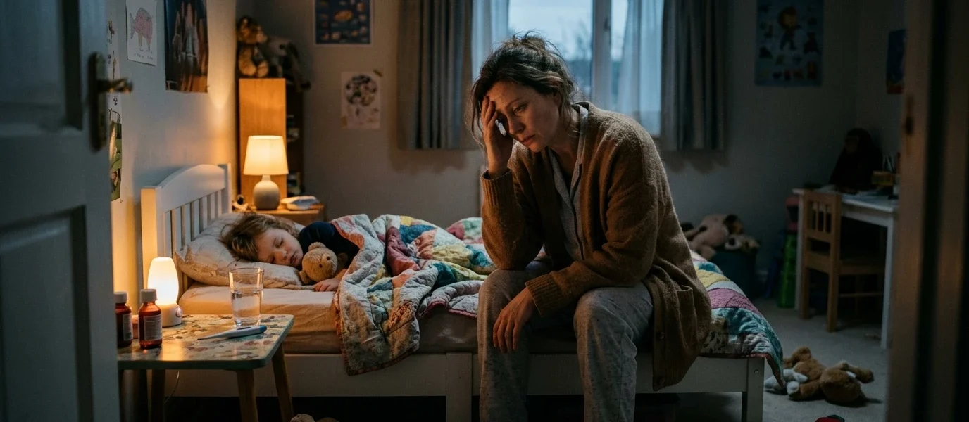 Fotografía editorial de persona real en entorno moderno sobre Qué hacer si la tos nocturna no deja dormir a tus hijos