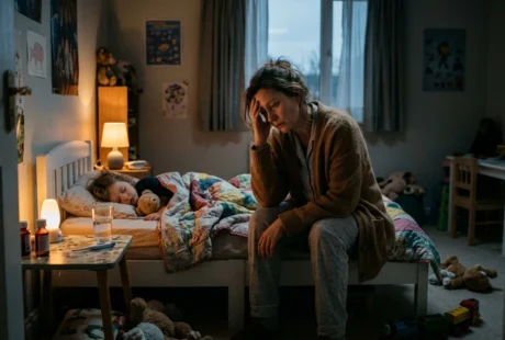 Fotografía editorial de persona real en entorno moderno sobre Qué hacer si la tos nocturna no deja dormir a tus hijos